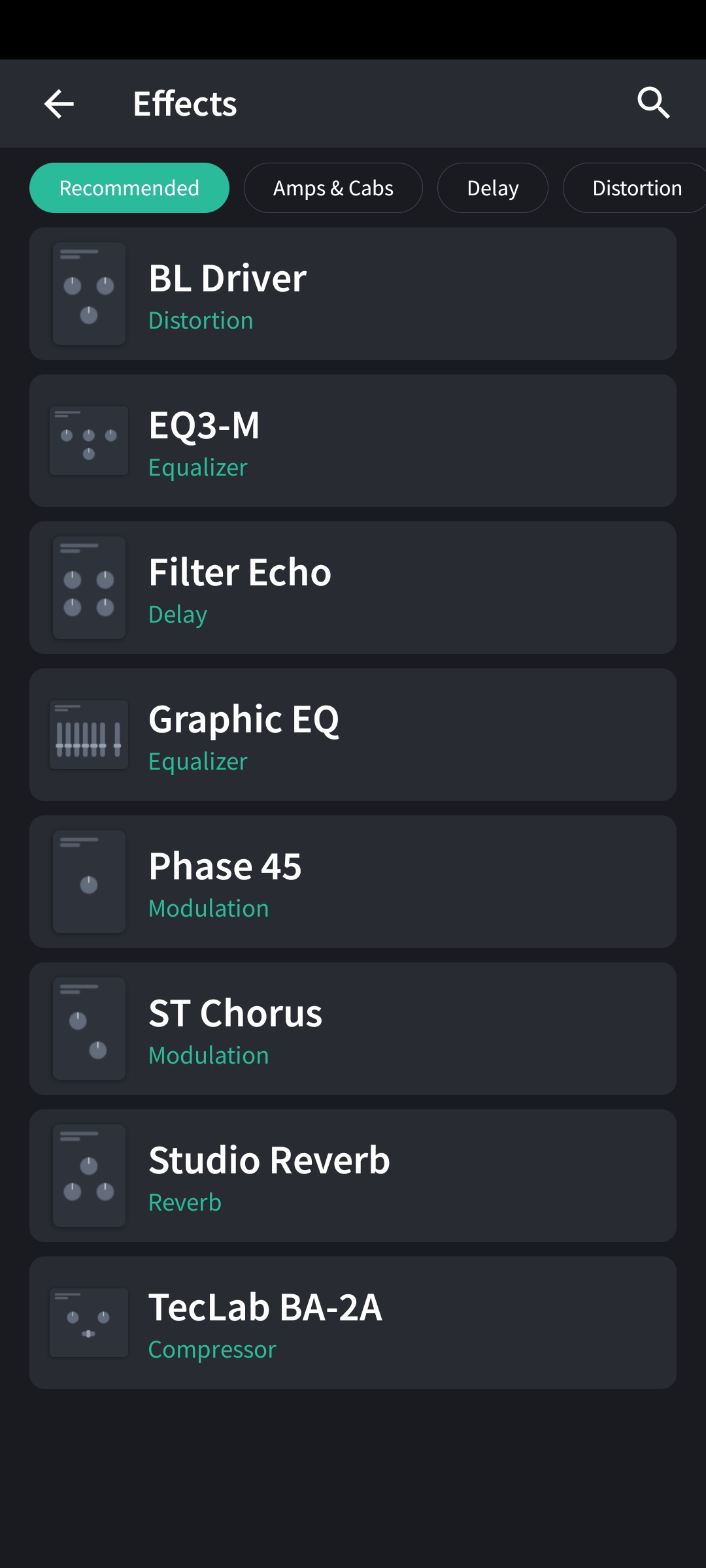 Effects list in BandLab